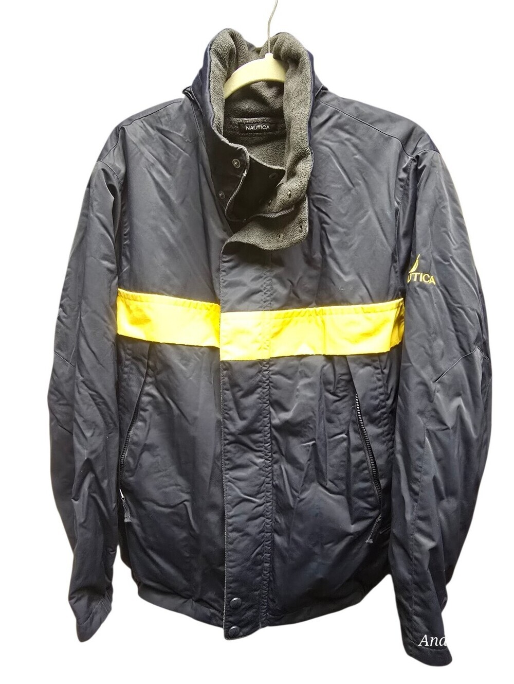 Nautica Men's Blue Jacket Nylon w/ Yellow Stripe REVERSIBLE Grey Fleece Sz. L